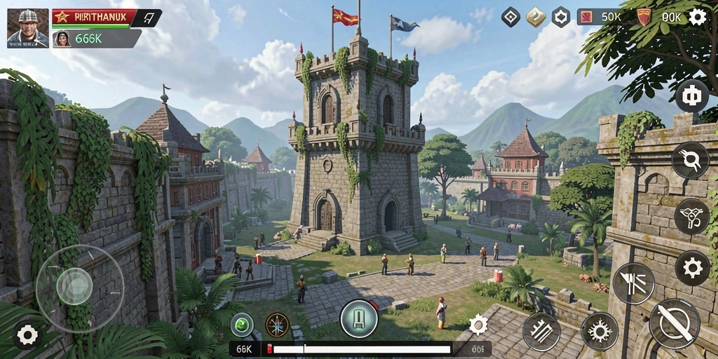 Screenshot utama 66K menampilkan aksi menara pertahanan yang intens.