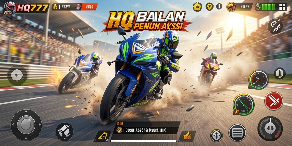 Screenshot gameplay HQ777 menunjukkan adrenalin balapan motor yang mendebarkan.