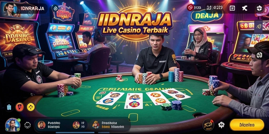 Screenshot gameplay IDNRAJA menampilkan dealer langsung dan suasana kasino yang mendebarkan.
