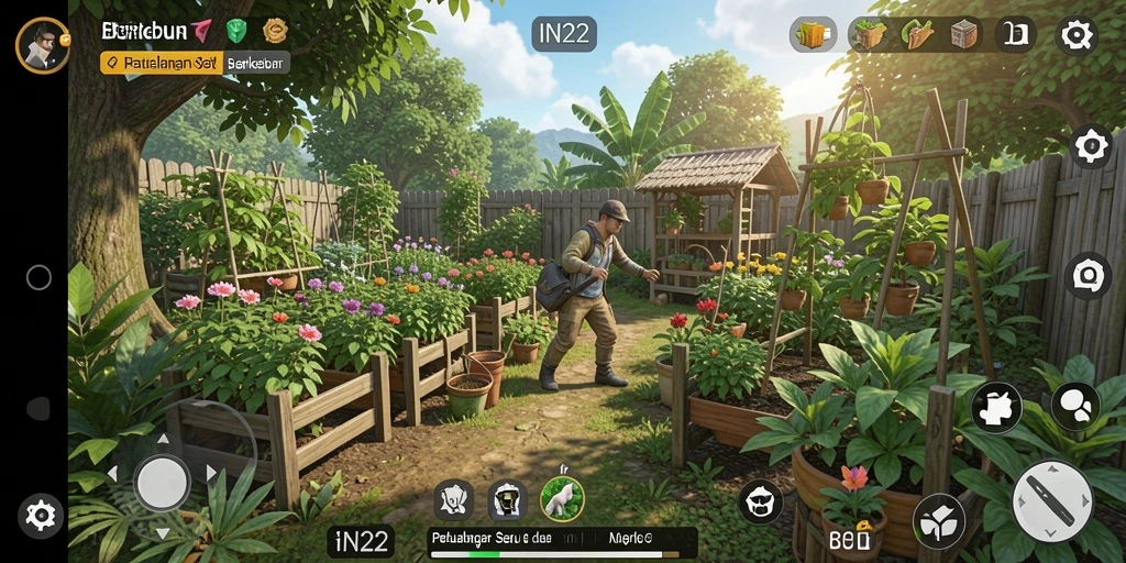 Screenshot gameplay IN22 menampilkan aktivitas berkebun yang seru.