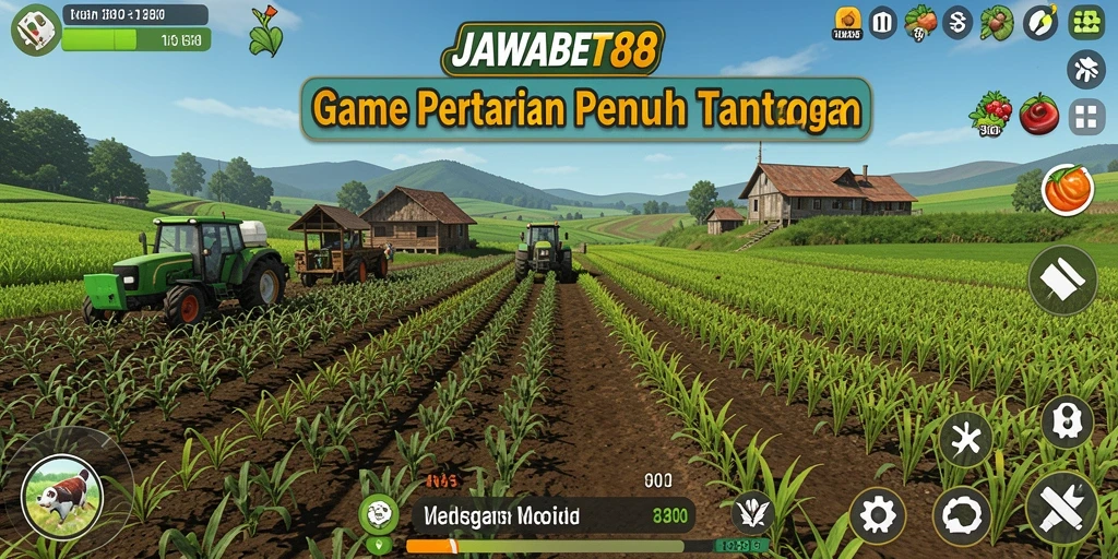 Tampilan layar permainan JAWABET88 dengan ladang yang subur dan petani yang bekerja.