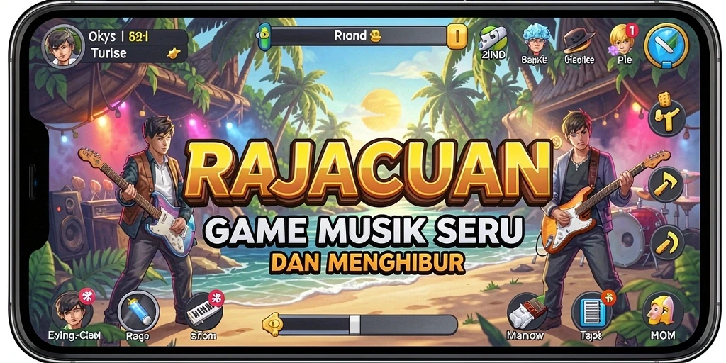 Screenshot gameplay RAJACUAN menampilkan aksi bernyanyi dan bermain musik.
