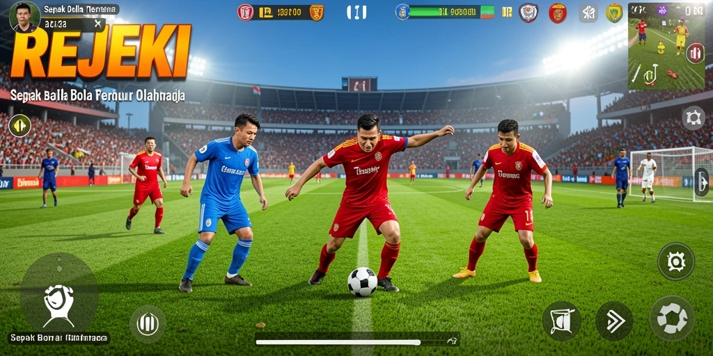 Screenshot utama REJEKI menampilkan aksi seru dalam pertandingan sepak bola.