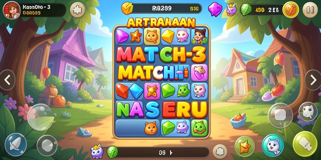 Tampilan gameplay Match-3 RR89 dengan kombinasi warna yang menarik.