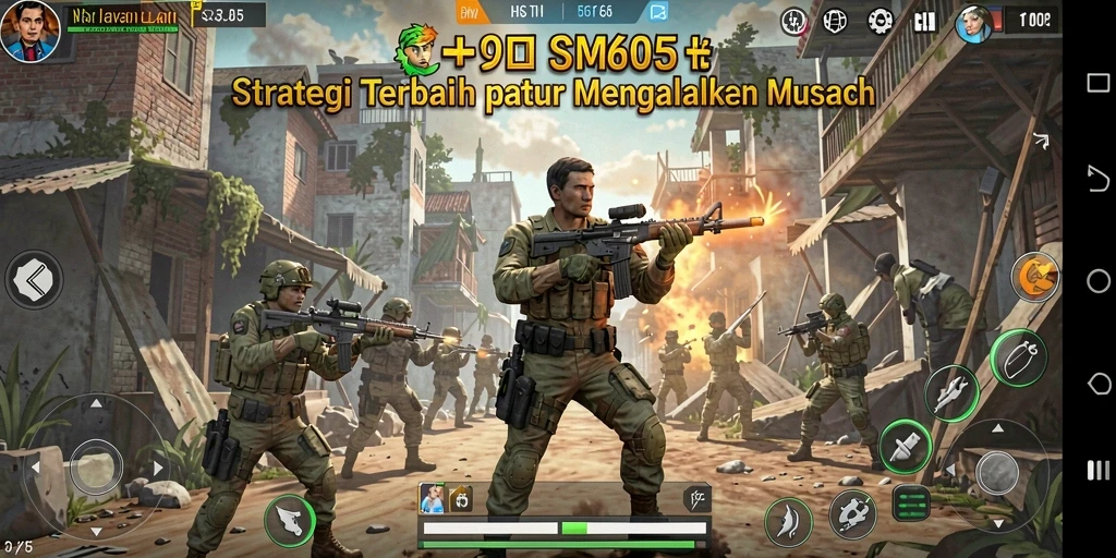 Tangkapan layar utama SM605 yang menunjukkan taktik pertempuran yang mendebarkan.