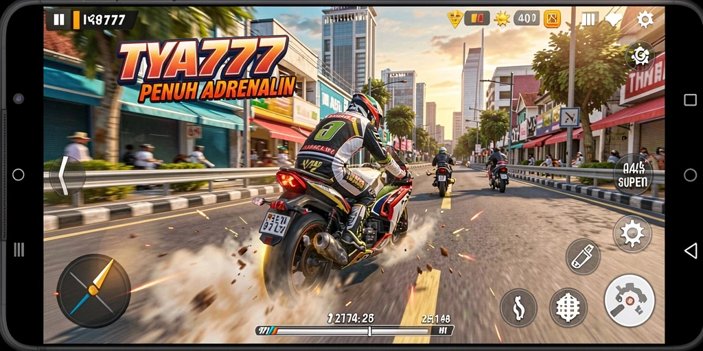 Tampilan gameplay menegangkan dalam balapan motor.