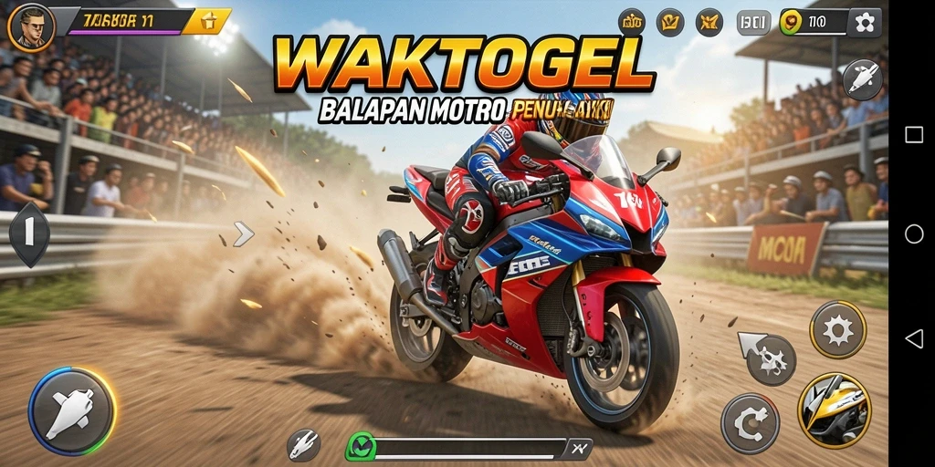 Tampilan gameplay WAKTOGEL dengan intensitas balapan motor penuh aksi.
