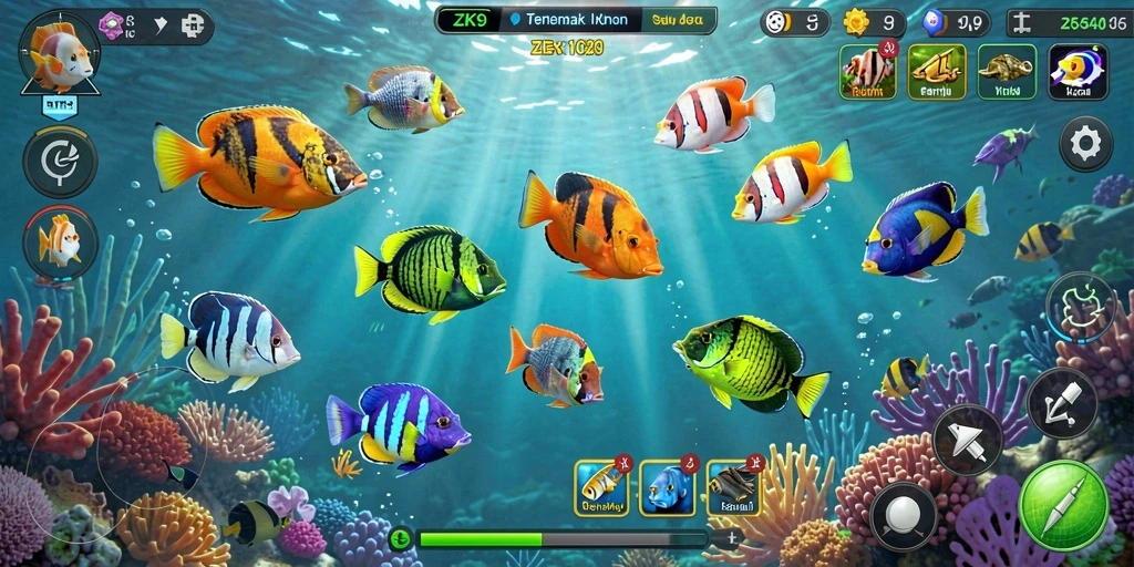 Tangkapan layar gameplay ZK9 menampilkan momen menembak ikan dengan efek visual yang menakjubkan.